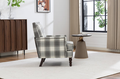 Upholstered Accent Chair by HouseOfZazla in gray plaid fabric with dark wood legs on Tampa Home & Garden Store