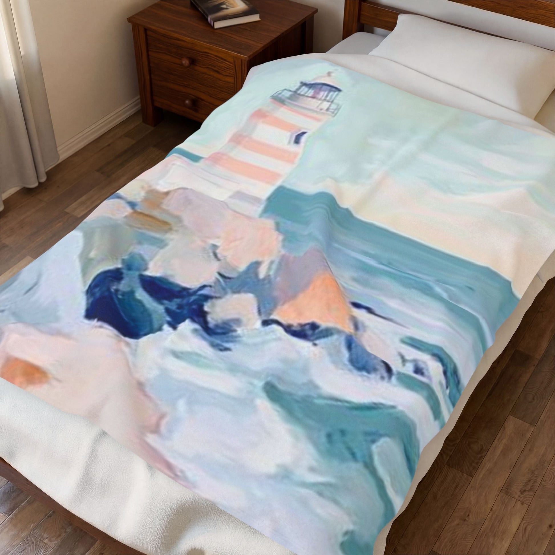 Coastal Lighthouse Velveteen Plush Blanket Mai Autumn pastel seascape print on bed on Tampa Home & Garden Store