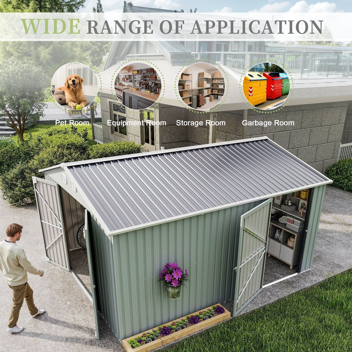 10x12 ft outdoor metal storage shed by HouseOfZazla with green corrugated panels on Tampa Home & Garden Store