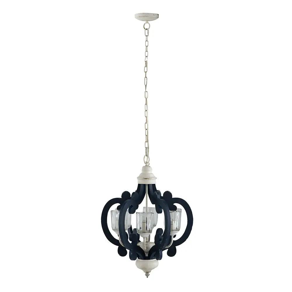 Wood chandelier 6-light farmhouse pendant with cream accents and dark blue wood, glass shades on Tampa Home & Garden Store