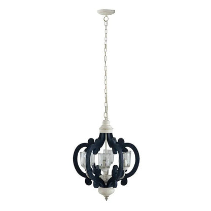 Wood chandelier 6-light farmhouse pendant with cream accents and dark blue wood, glass shades on Tampa Home & Garden Store