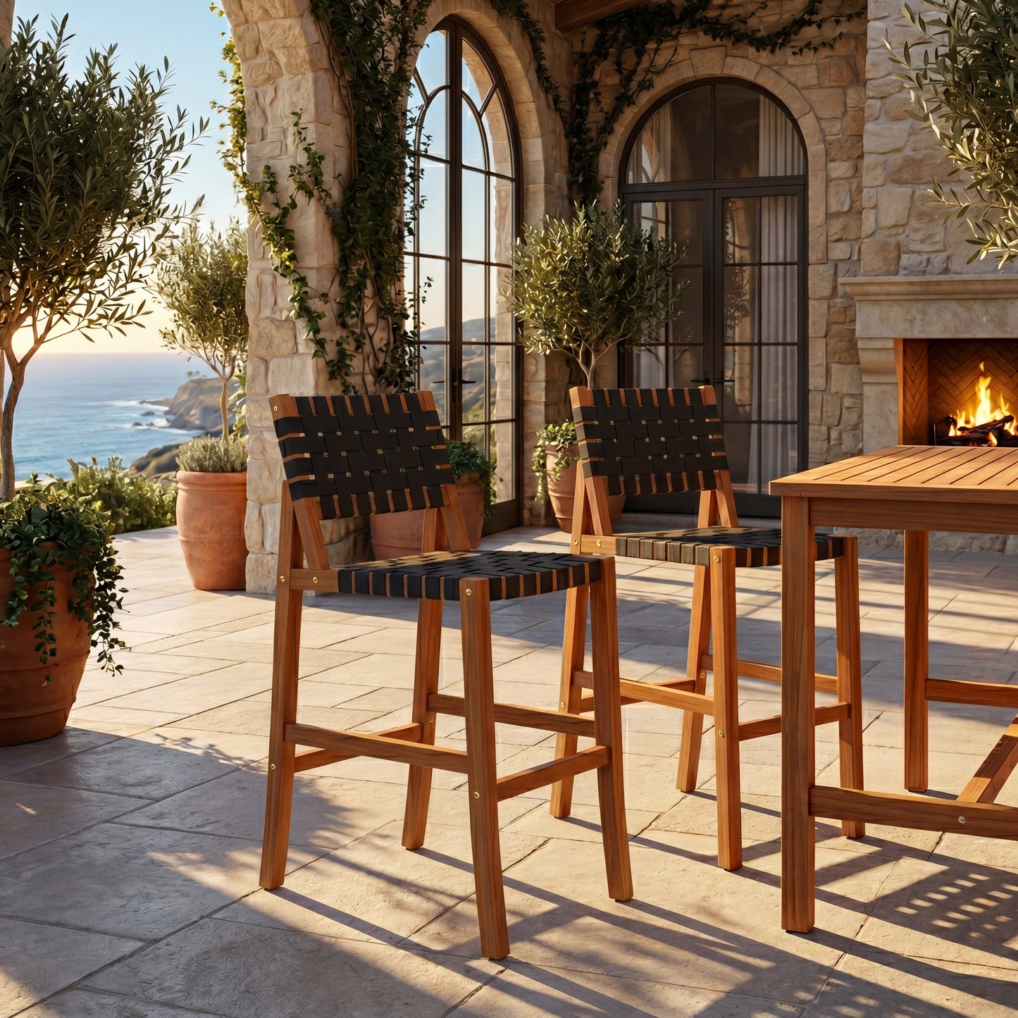 Acacia Wood Outdoor Side Chair and Woven Seat