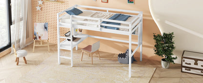 Twin Loft Bed with built-in desk and bookcase of three compartments, Guardrails and Ladder,White - Tampa Home & Garden Store