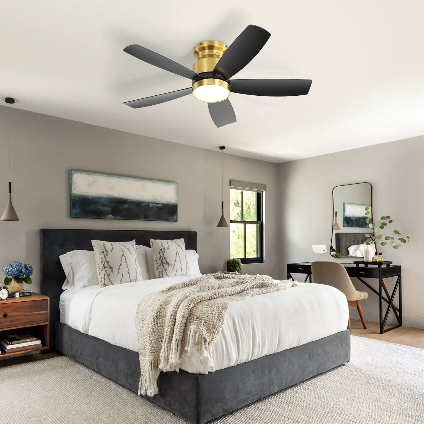 Flush mount ceiling fan with LED light, DC motor, black blades by Unique Piece Furniture on Tampa Home & Garden Store