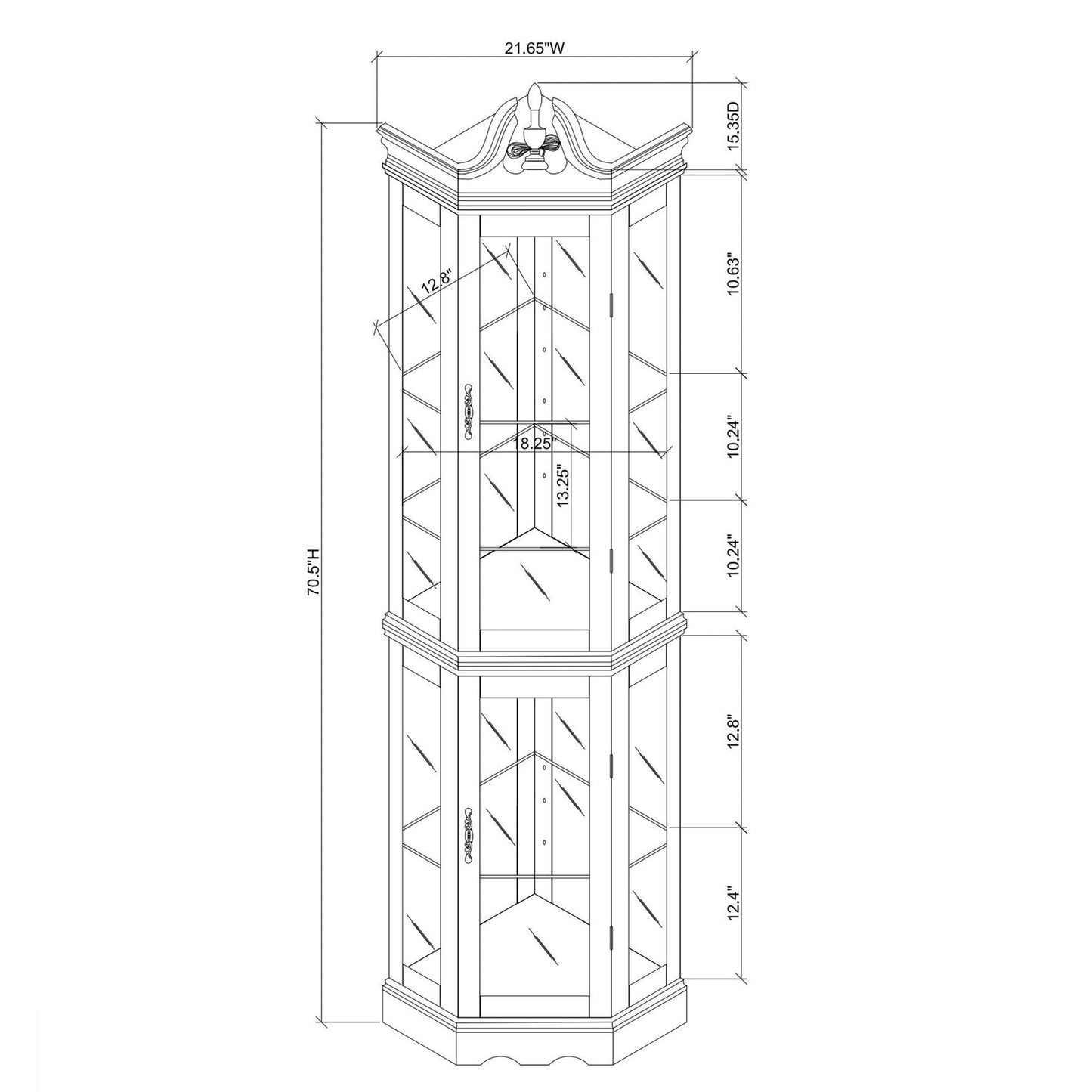 Corner curio cabinet with lights, walnut finish, mirrored panels, adjustable glass shelves on Tampa Home & Garden Store