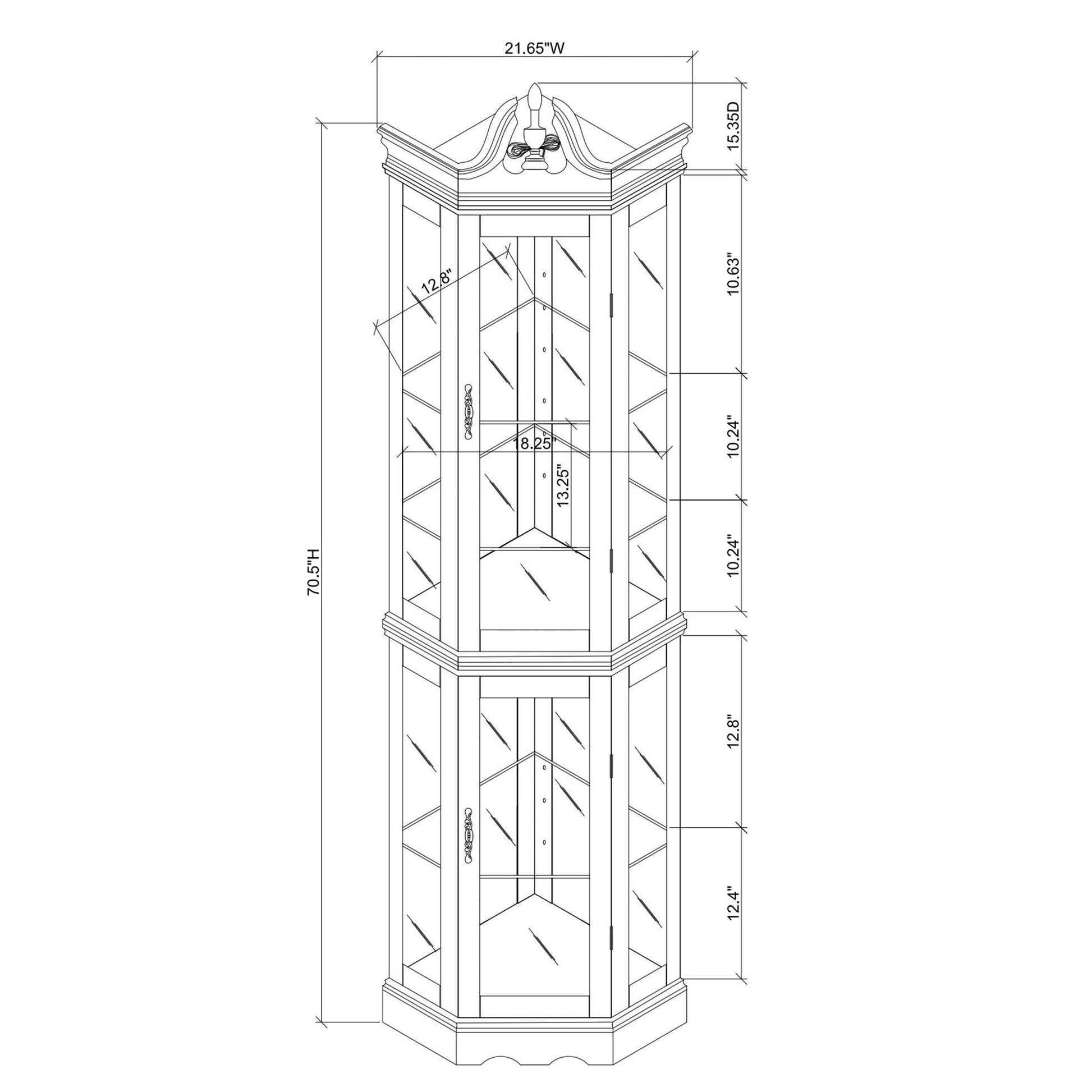 Corner curio cabinet with lights, walnut finish, mirrored panels, adjustable glass shelves on Tampa Home & Garden Store