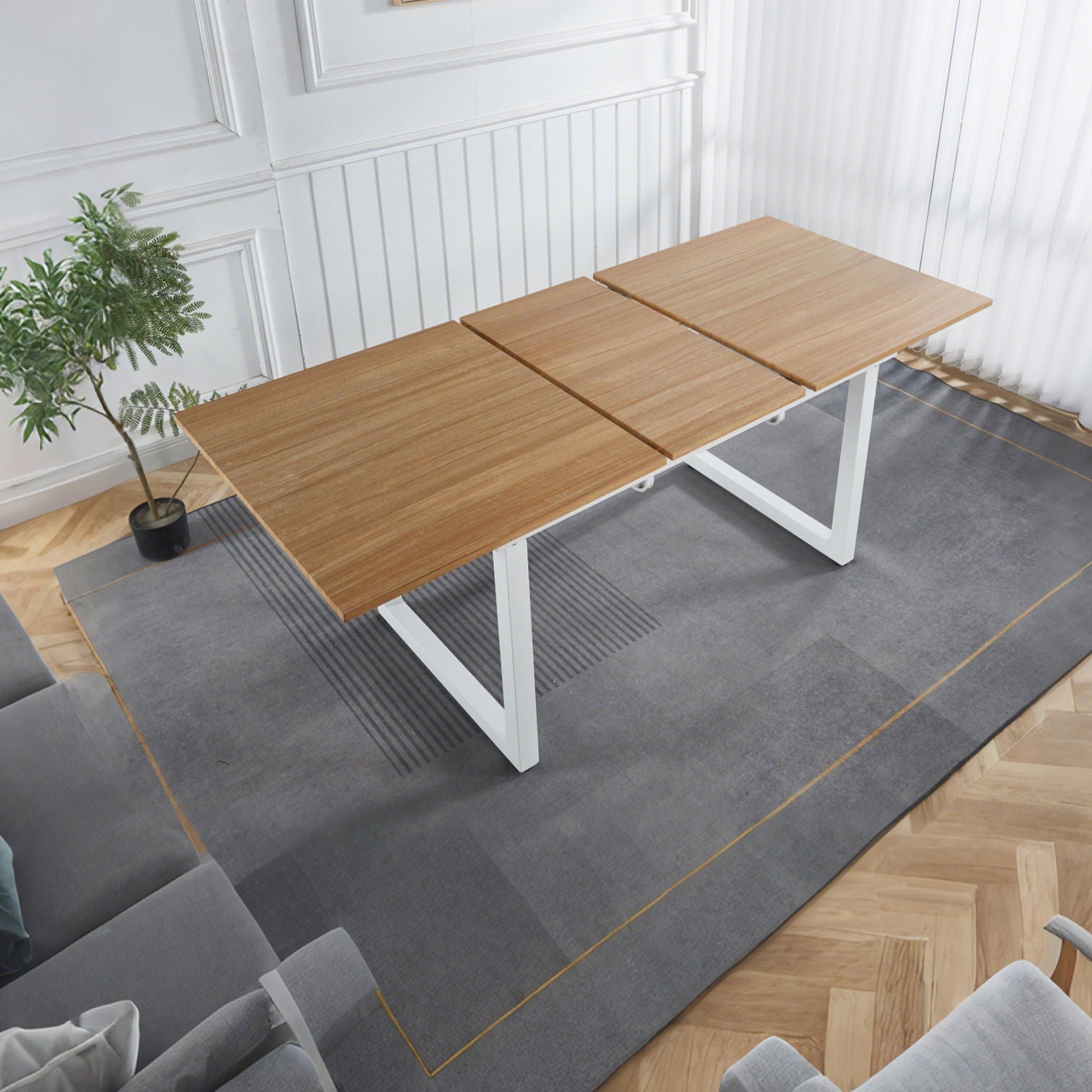HouseOfZazla square extendable dining table with wood veneer top and white metal legs on Tampa Home & Garden Store