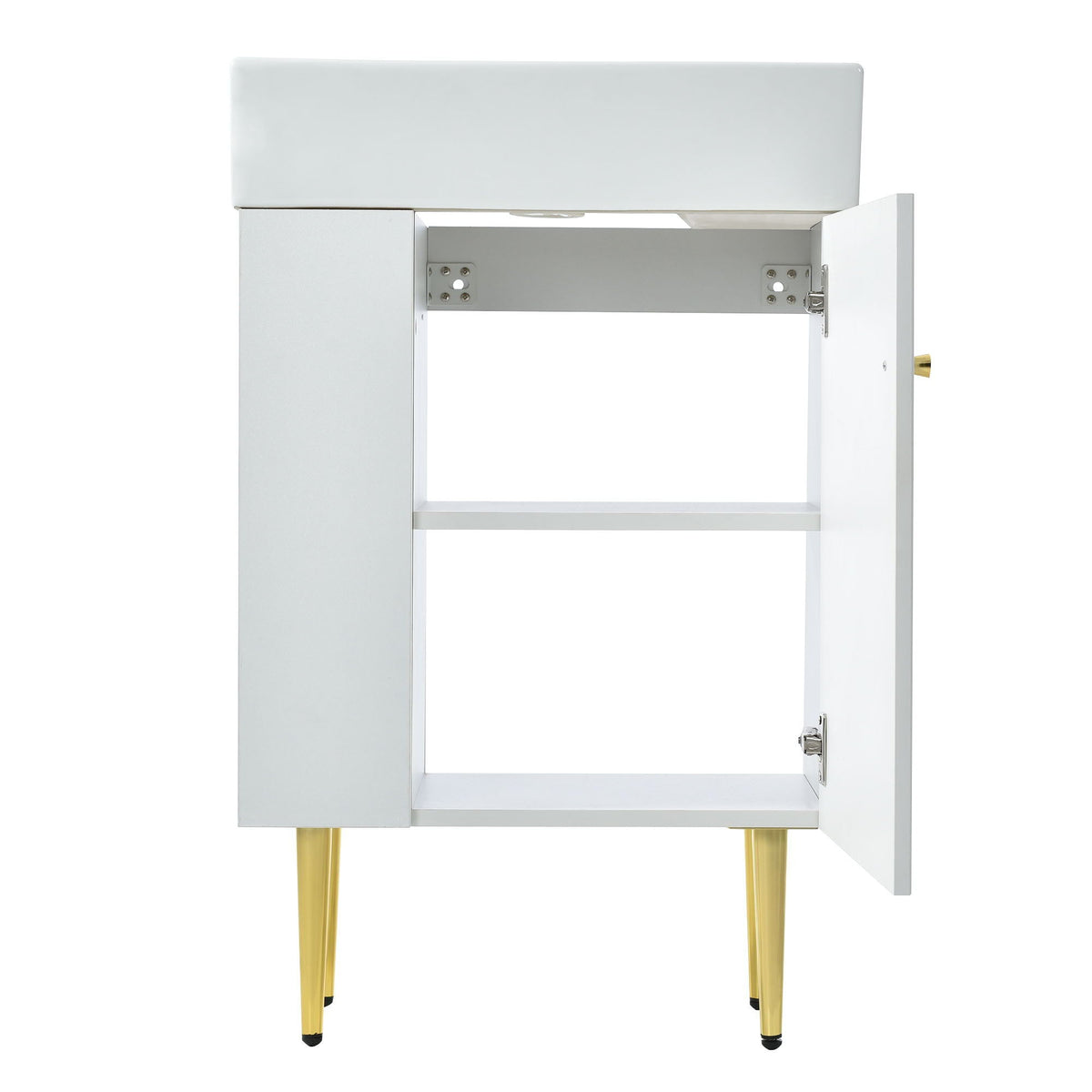 Bathroom vanity with single ceramic sink and side storage, white cabinet with gold legs on Tampa Home & Garden Store