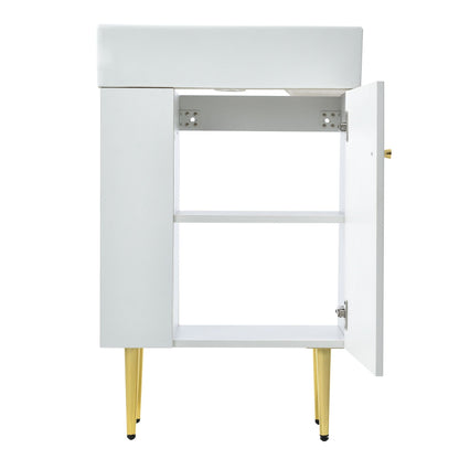 Bathroom vanity with single ceramic sink and side storage, white cabinet with gold legs on Tampa Home & Garden Store