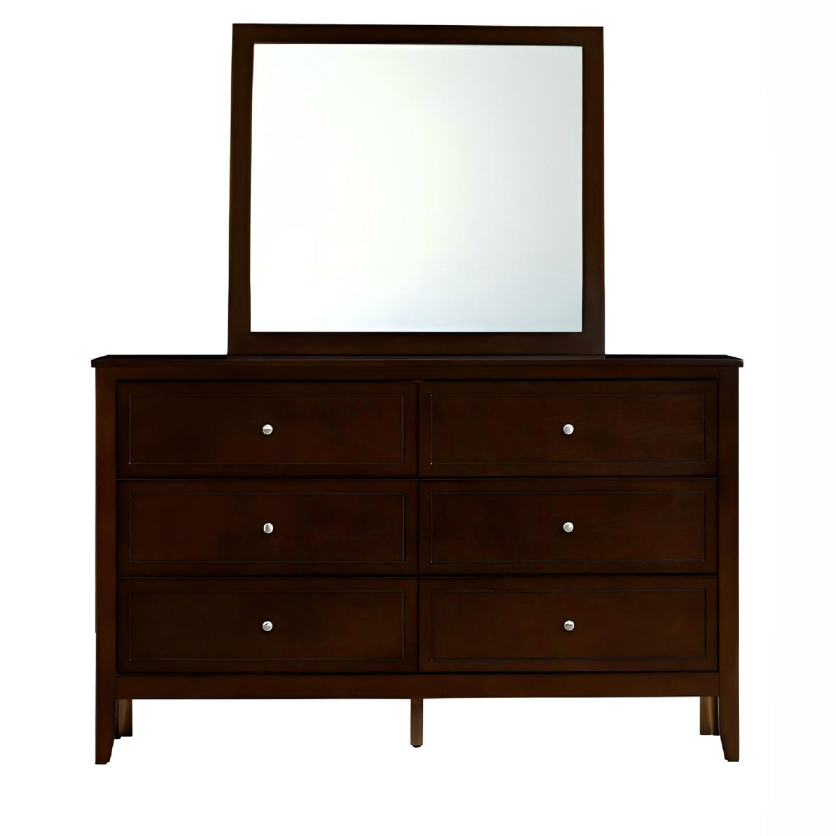 Spacious 6-drawer dresser with attached mirror, dark espresso finish, and silver knobs on Tampa Home & Garden Store