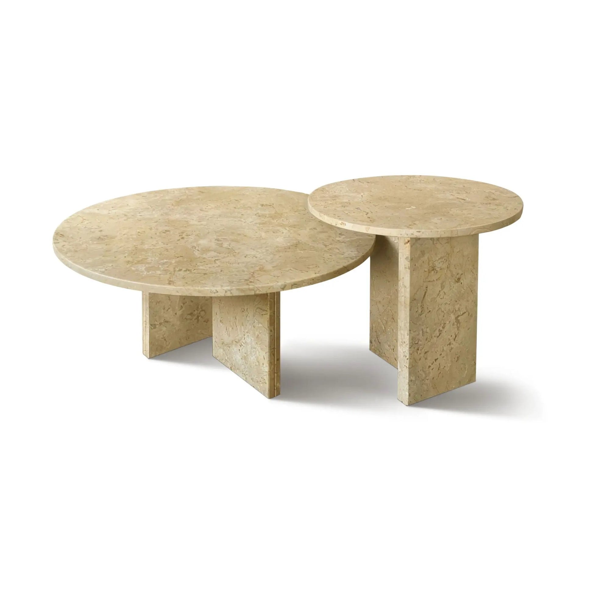 Elegant Coffee Duo Table Set two beige round stone tables with pedestal bases on Tampa Home & Garden Store