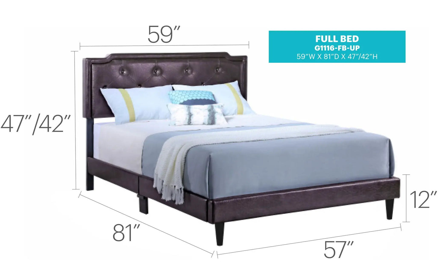 Button tufted upholstered bed in dark brown leatherette by Unique Piece Furniture, 59W x 81D on Tampa Home & Garden Store