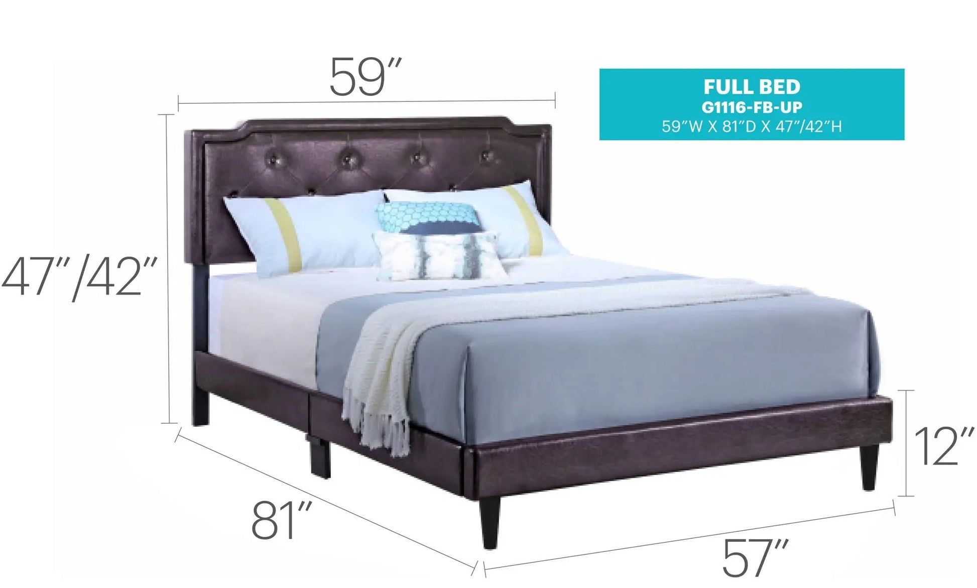 Button tufted upholstered bed in dark brown leatherette by Unique Piece Furniture, 59W x 81D on Tampa Home & Garden Store