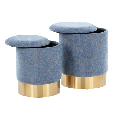 Contemporary blue fabric nesting ottomans with gold metal bases, 3-piece set on Tampa Home & Garden Store