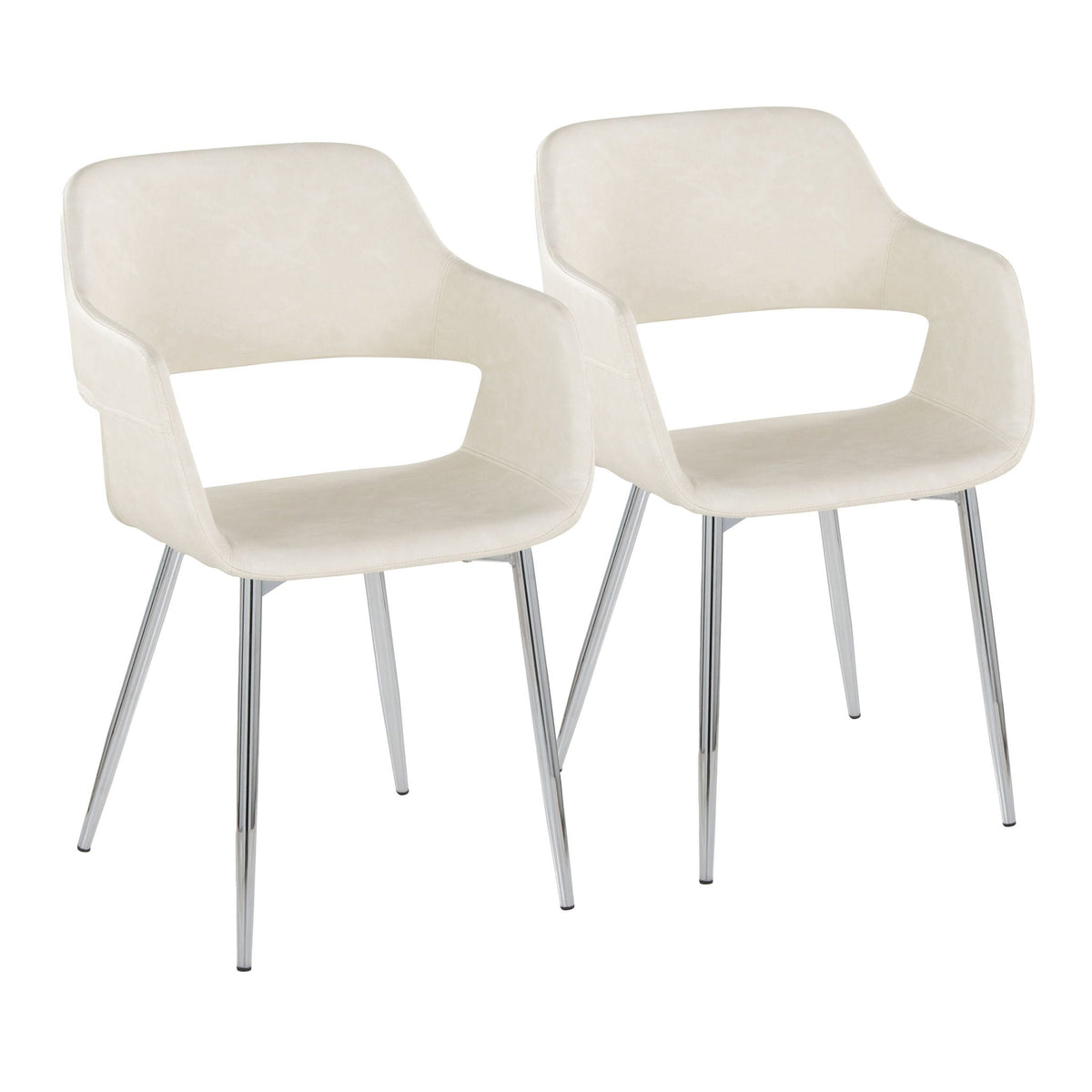 Contemporary dining chair set with beige upholstery, curved backs, and chrome metal legs, pair on Tampa Home & Garden Store