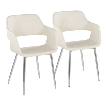 Contemporary dining chair set with beige upholstery, curved backs, and chrome metal legs, pair on Tampa Home & Garden Store