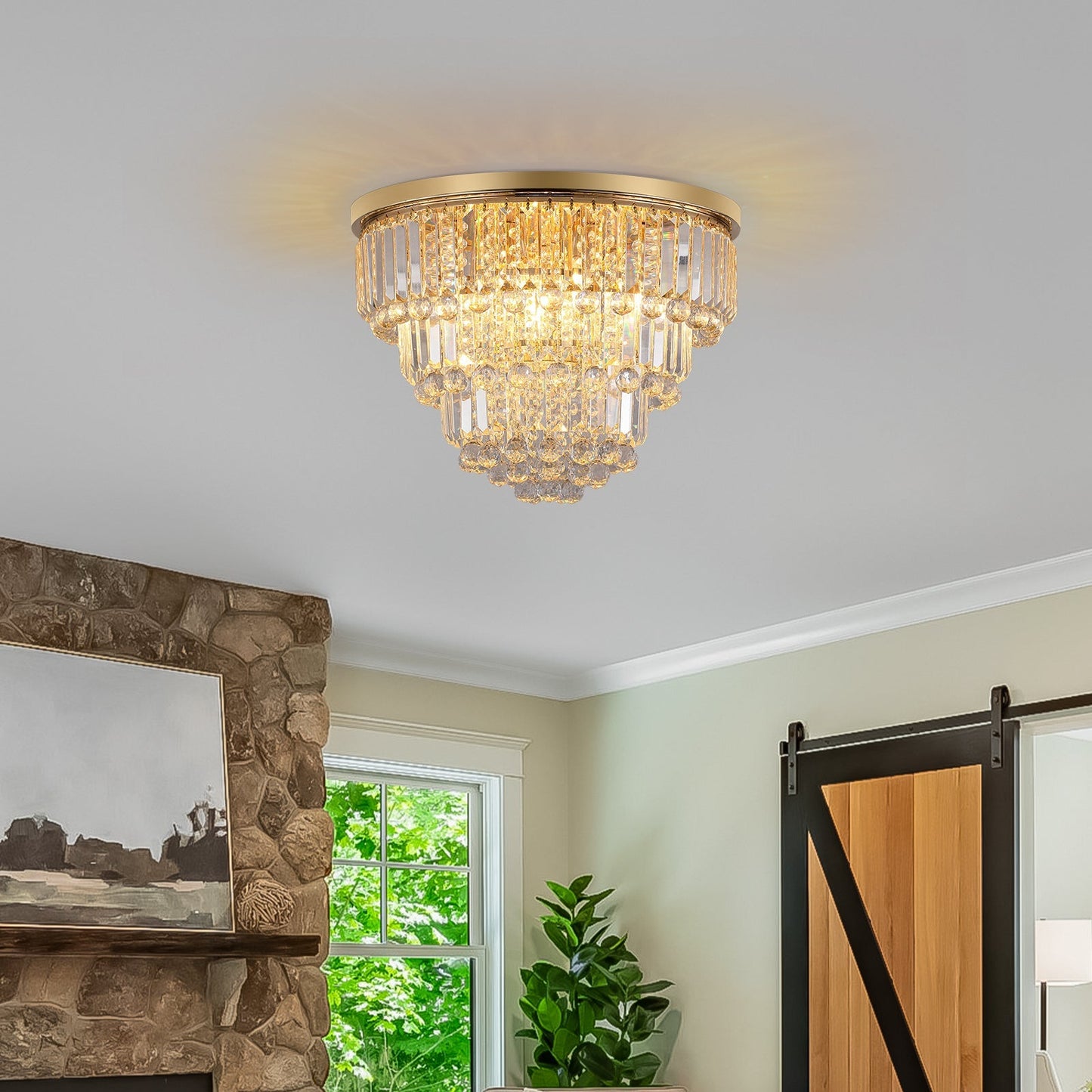 Gold Luxury Modern Crystal Ceiling Chandelier with tiered crystal strands, gold finish mount on Tampa Home & Garden Store
