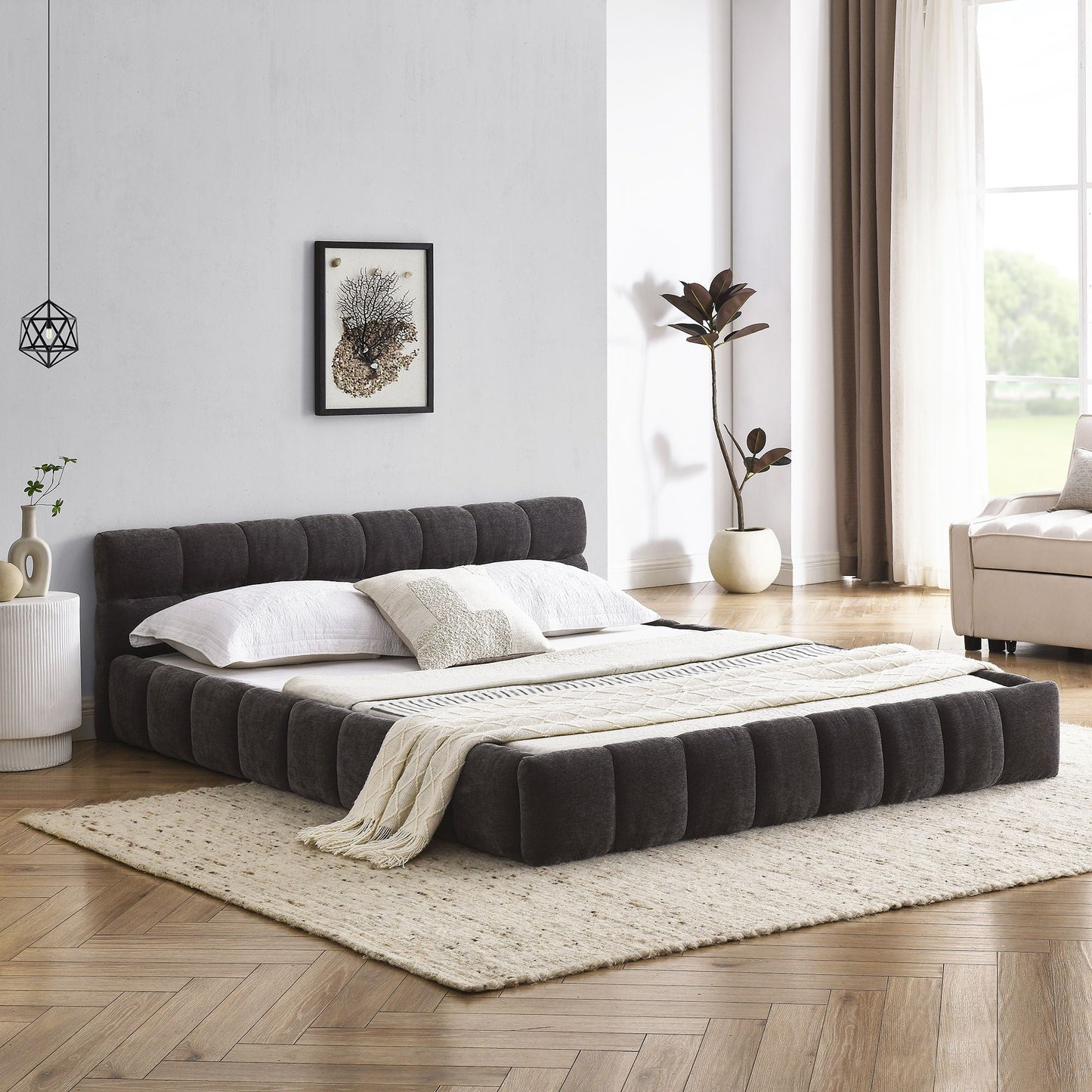 Modern Platform Bed and Thick Fabric Headboard