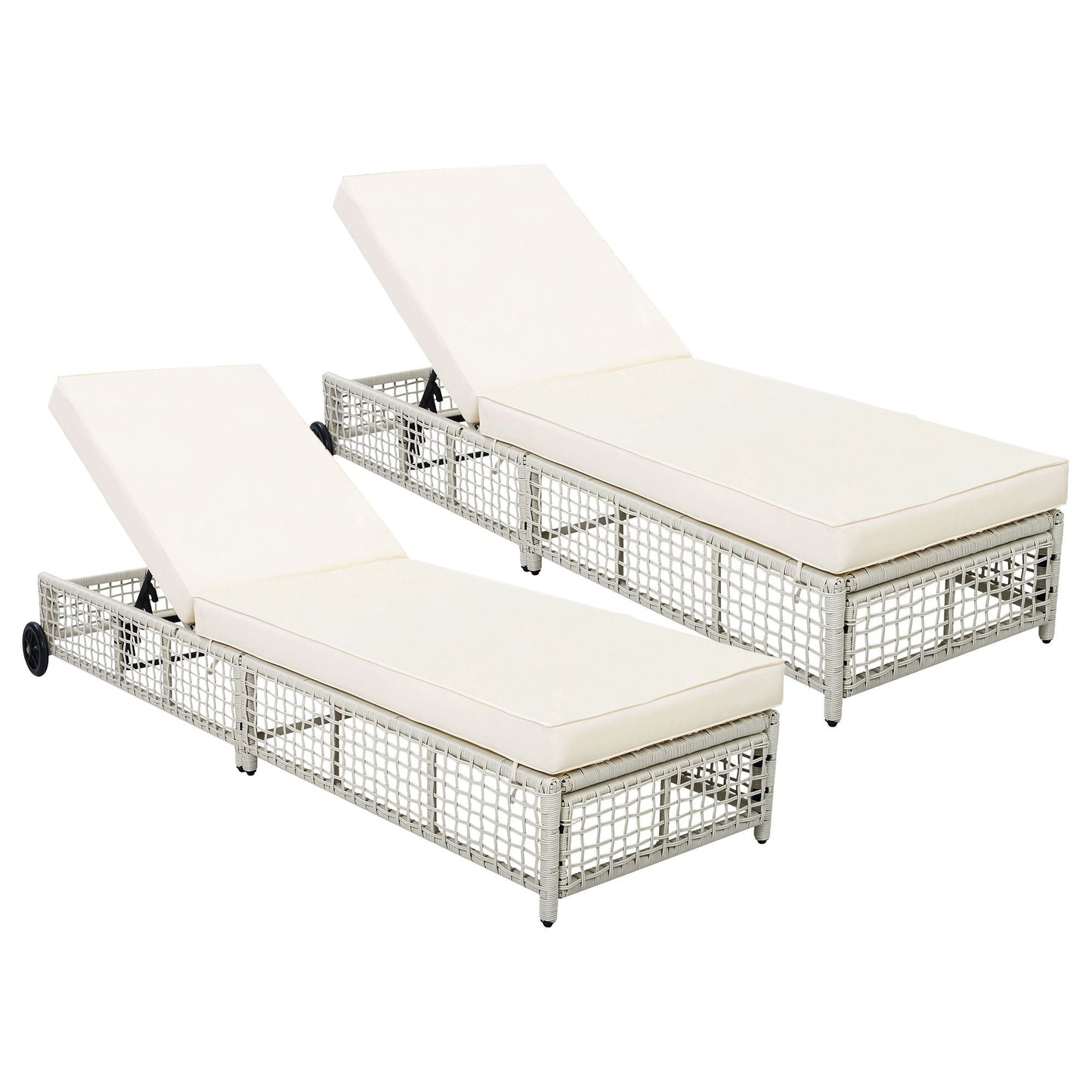 Outdoor lounge chairs in white wicker with cushions and 5-position backrests, 2-pack with wheels on Tampa Home & Garden Store