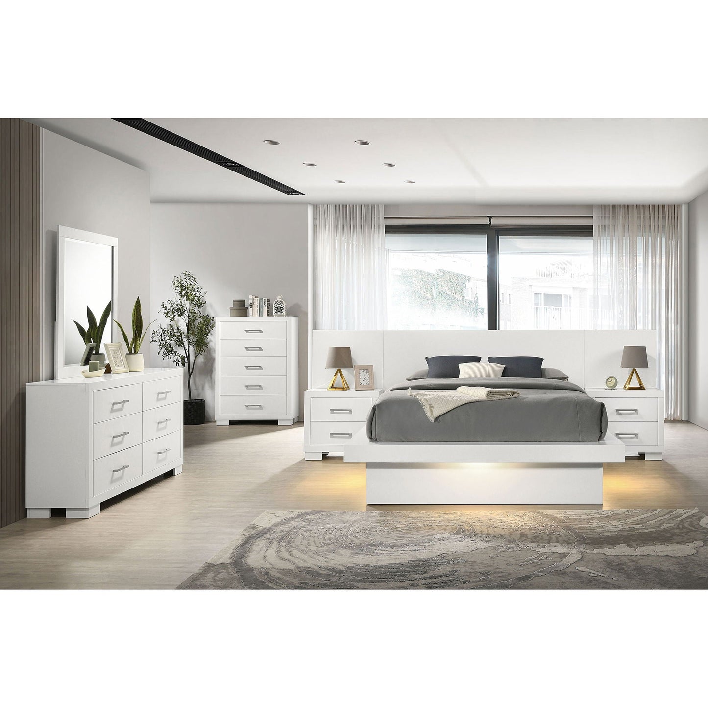 Tokyo LED Panel Bed With Structured Headboard in white with gray bedding, white dressers on Tampa Home & Garden Store