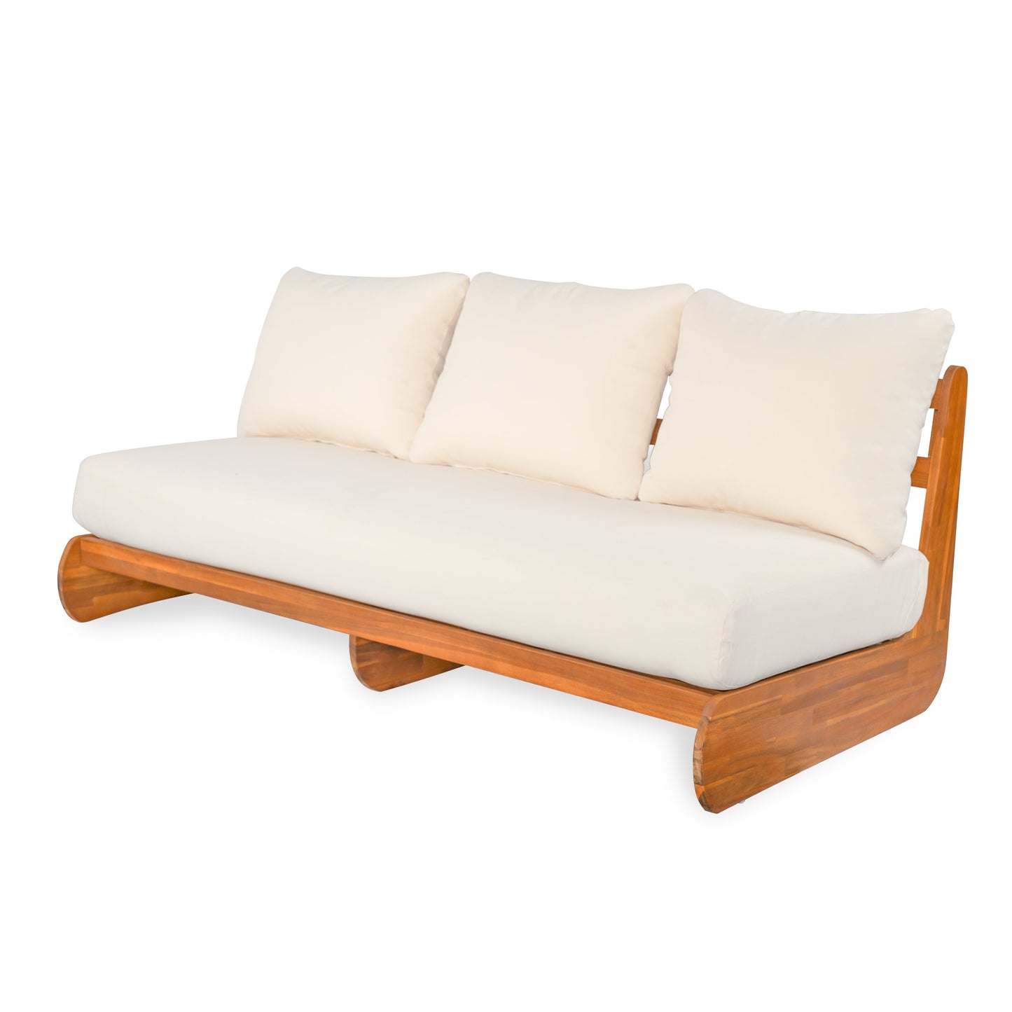 Outdoor Acacia Lazy 5 Seater Chat Set sofa with cream cushions and wood frame on Tampa Home & Garden Store