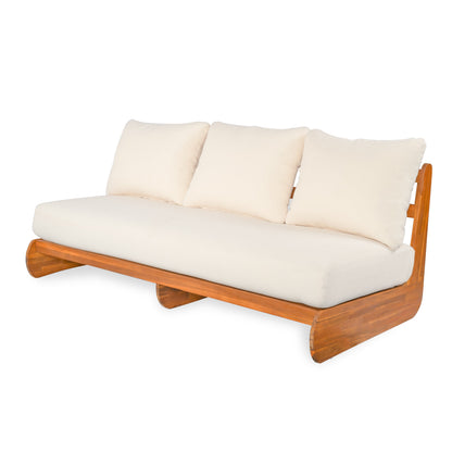 Outdoor Acacia Lazy 5 Seater Chat Set sofa with cream cushions and wood frame on Tampa Home & Garden Store