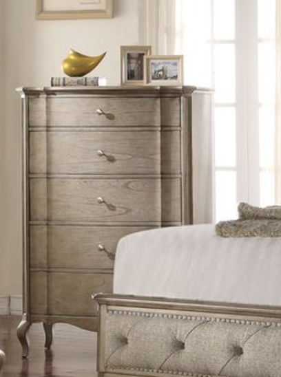 Taupe accent chest by HouseOfZazla, five-drawer wooden storage with felt-lined top drawer in a bedroom on Tampa Home & Garden Store