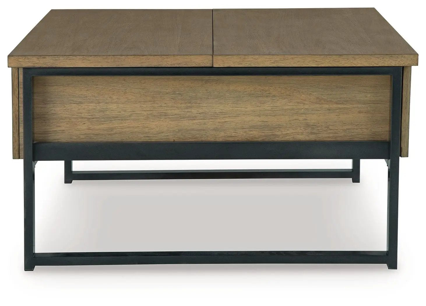 Montia - Table cocktail table with warm oak top and black metal frame, two-tone wood front panel on Tampa Home & Garden Store