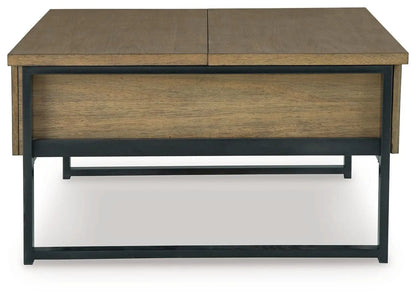 Montia - Table cocktail table with warm oak top and black metal frame, two-tone wood front panel on Tampa Home & Garden Store