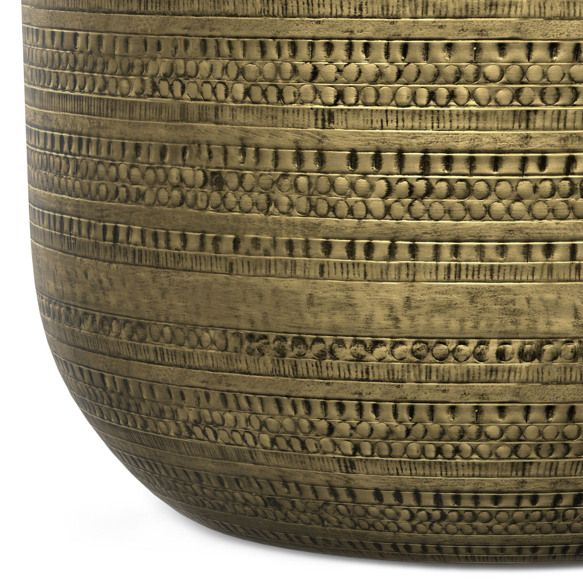 Handcrafted metal coffee table surface with textured circular pattern in bronze finish on Tampa Home & Garden Store