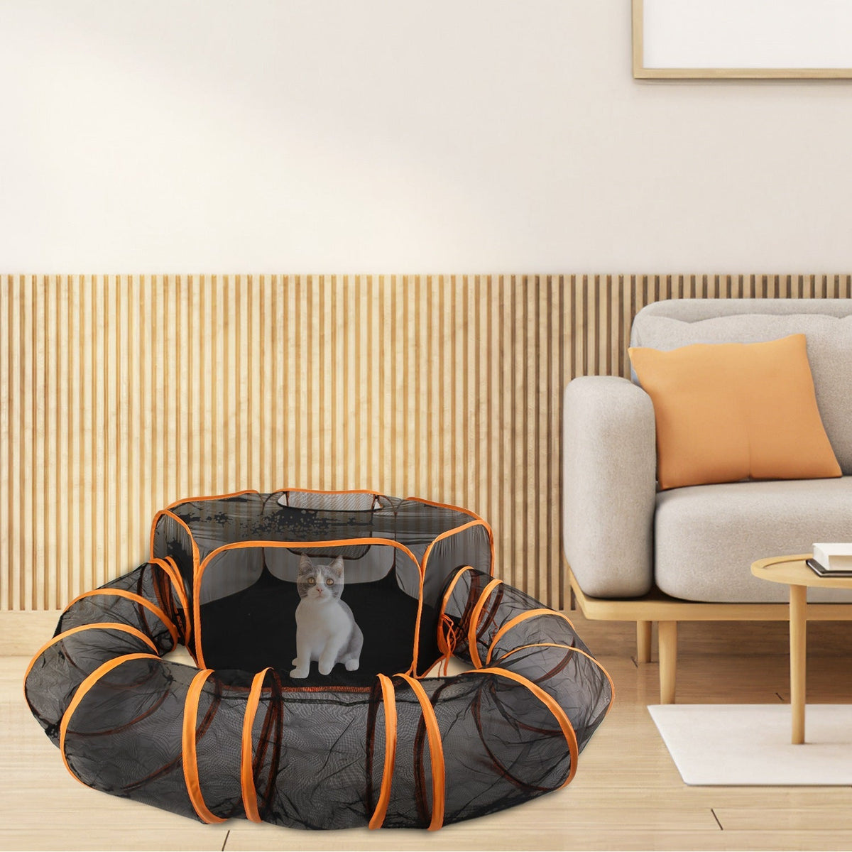 2-in-1 foldable pet play tent with tunnel by GemGear, dark gray with orange trim; cat inside on Tampa Home & Garden Store