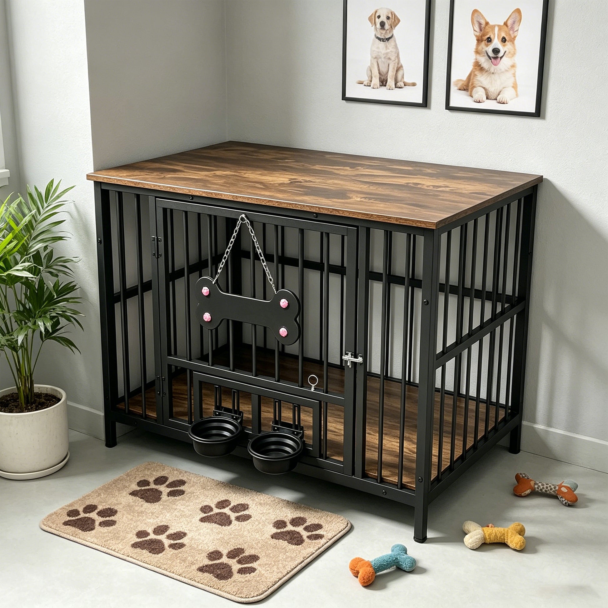 Vintage wood grain dog cage with rotating bowl, black metal frame, wooden top, two bowls HouseOfZazla on Tampa Home & Garden Store