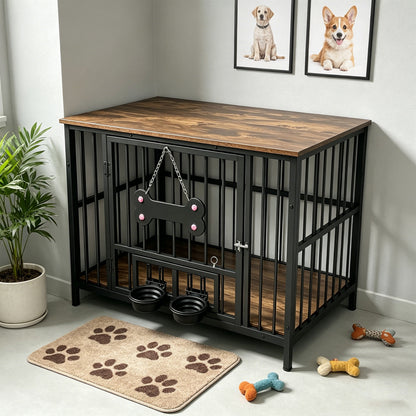 Vintage wood grain dog cage with rotating bowl, black metal frame, wooden top, two bowls HouseOfZazla on Tampa Home & Garden Store