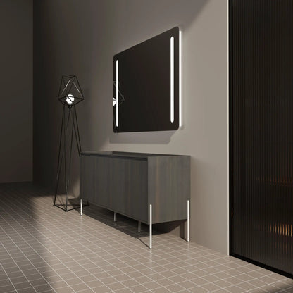 Freestanding bathroom vanity with dark wood cabinet, soft-close doors, and backlit mirror on Tampa Home & Garden Store