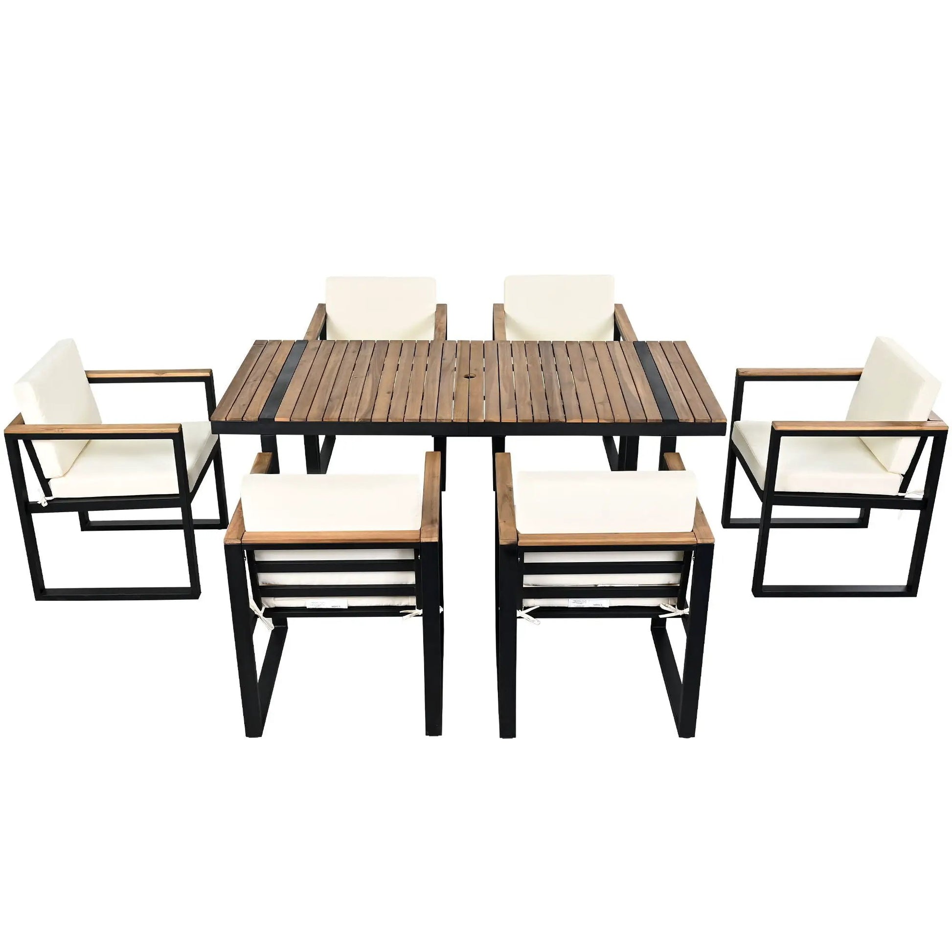 7 Piece Outdoor Dining Set with slatted wood table and six cream cushions on Tampa Home & Garden Store