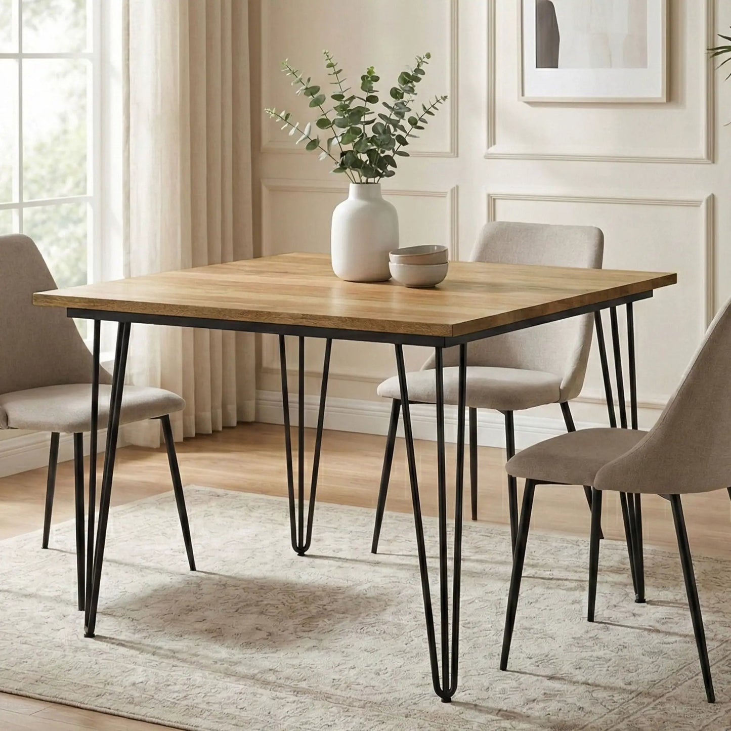 Hunter square tabletop dining table with wood top and black metal legs in a dining room on Tampa Home & Garden Store