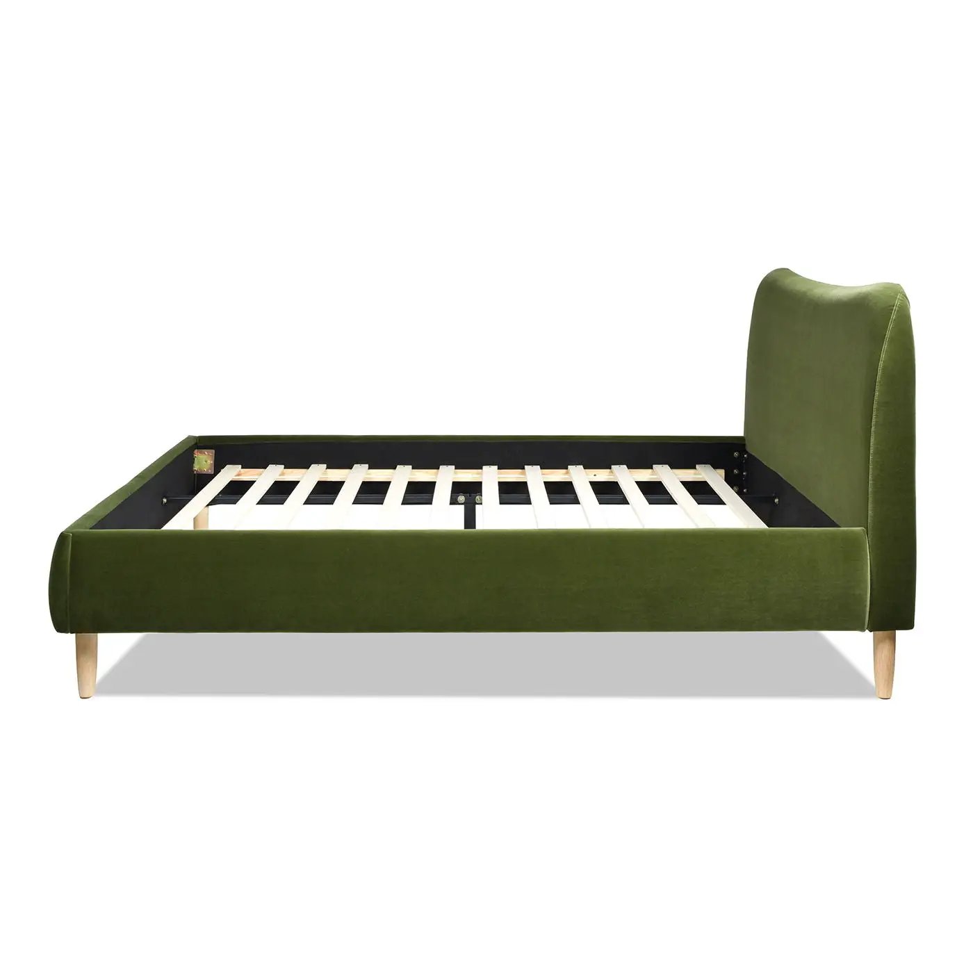 Roman curved headboard upholstered platform bed in olive green velvet with light wood legs on Tampa Home & Garden Store