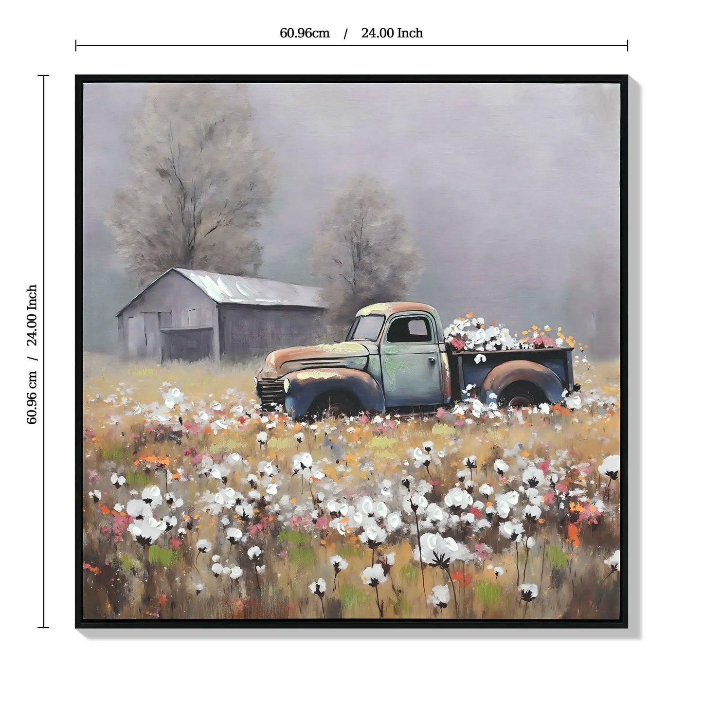 Old Truck Canvas Wall Art, white vintage countryside with barn and flowers by Unique Piece on Tampa Home & Garden Store