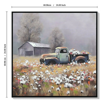 Old Truck Canvas Wall Art, white vintage countryside with barn and flowers by Unique Piece on Tampa Home & Garden Store