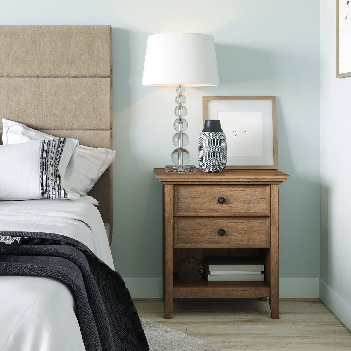 Handcrafted Bedside Table with Storage brown wood finish; three-drawer accent nightstand with lamp and decorative vase on Tampa Home & Garden Store
