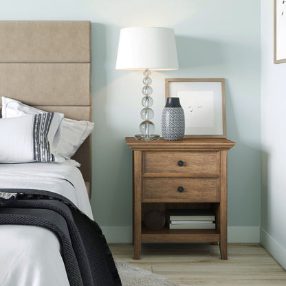 Handcrafted Bedside Table with Storage brown wood finish; three-drawer accent nightstand with lamp and decorative vase on Tampa Home & Garden Store