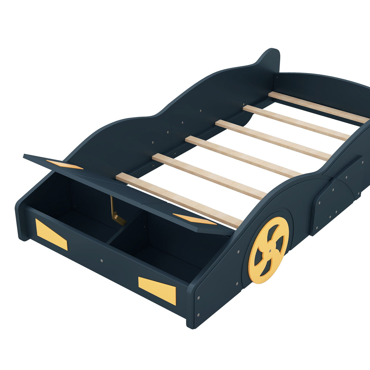 Race car shaped platform bed with wheels and storage, dark teal frame, wood slats on Tampa Home & Garden Store