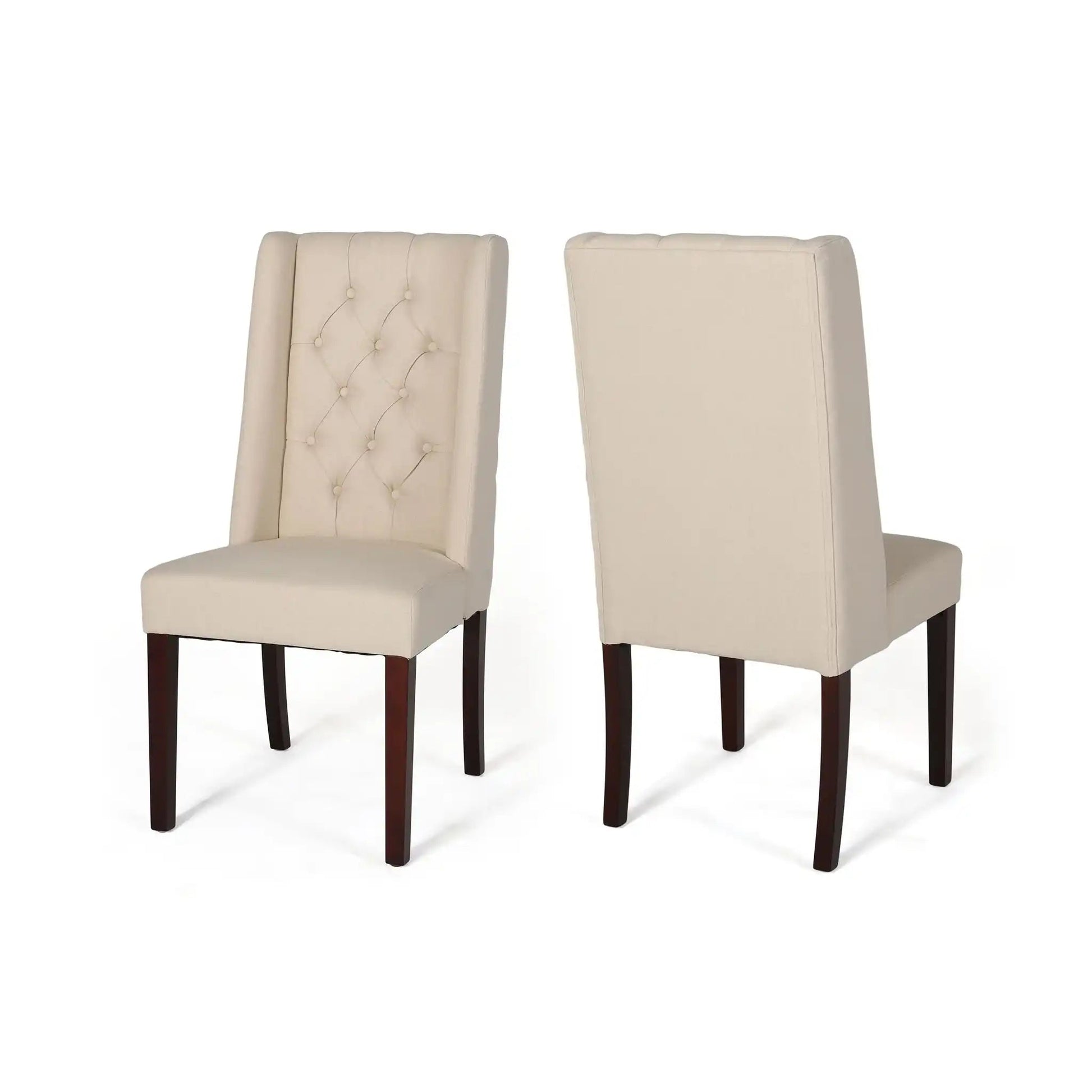 Sophisticated Tufted Dining Chair Pair high back beige upholstery, dark wood legs HouseOfZazla on Tampa Home & Garden Store