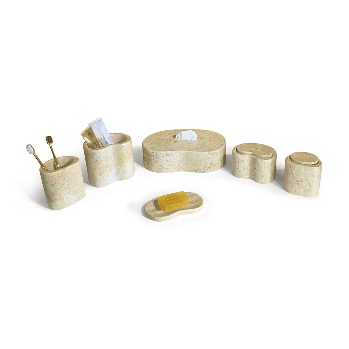 Elegant natural marble bathroom set with beige cylindrical containers and toothbrush holders on Tampa Home & Garden Store