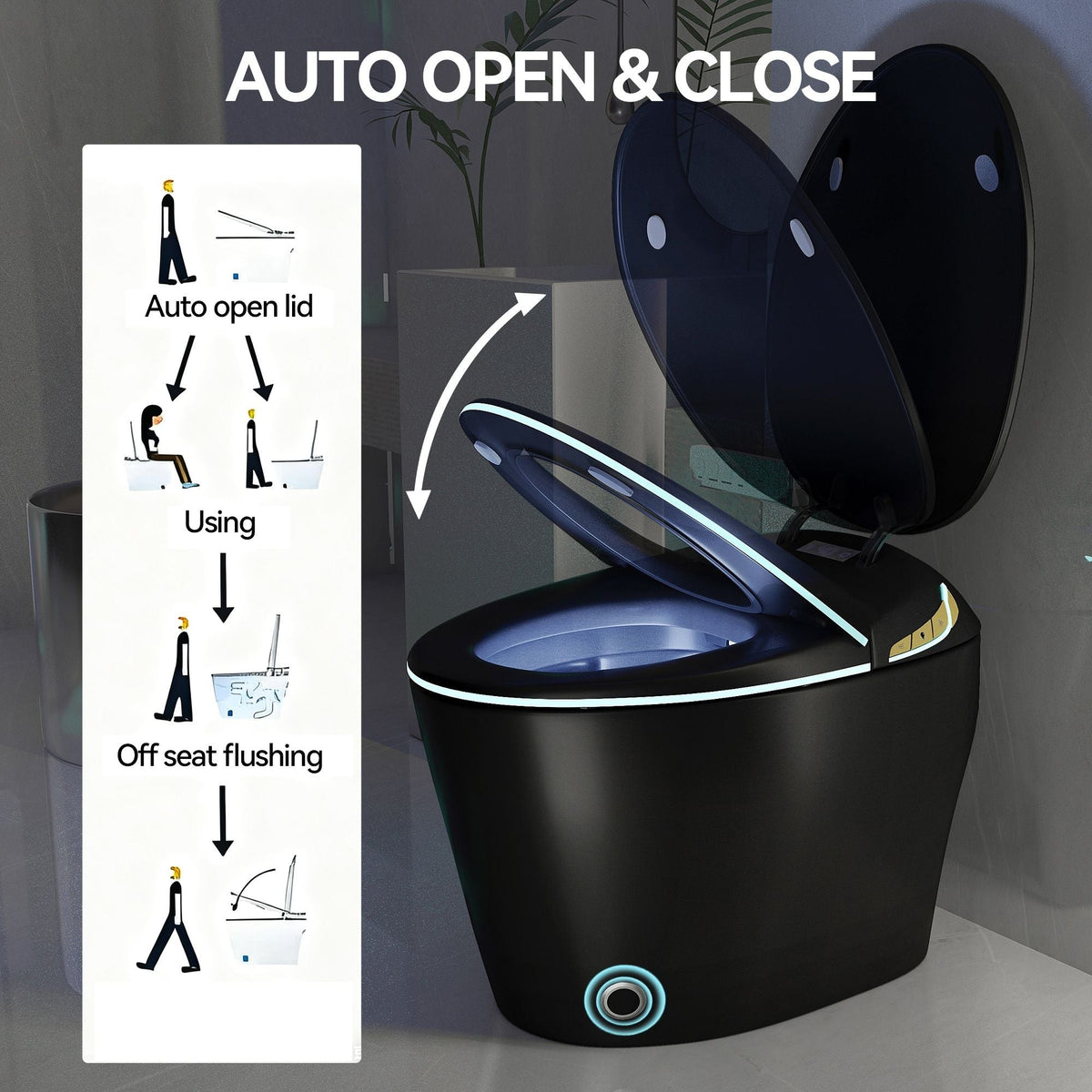 Smart toilet with ceramic bidet in matte black, auto open lid, HouseOfZazla on Tampa Home & Garden Store