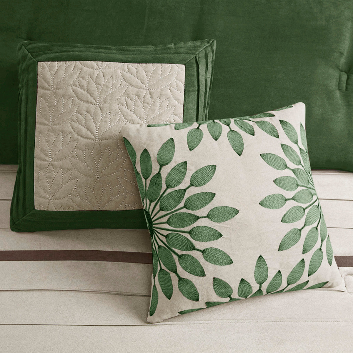 7 Pc Faux Suede Comforter Set Green King with 2 pillows solid green and leaf print on Tampa Home & Garden Store