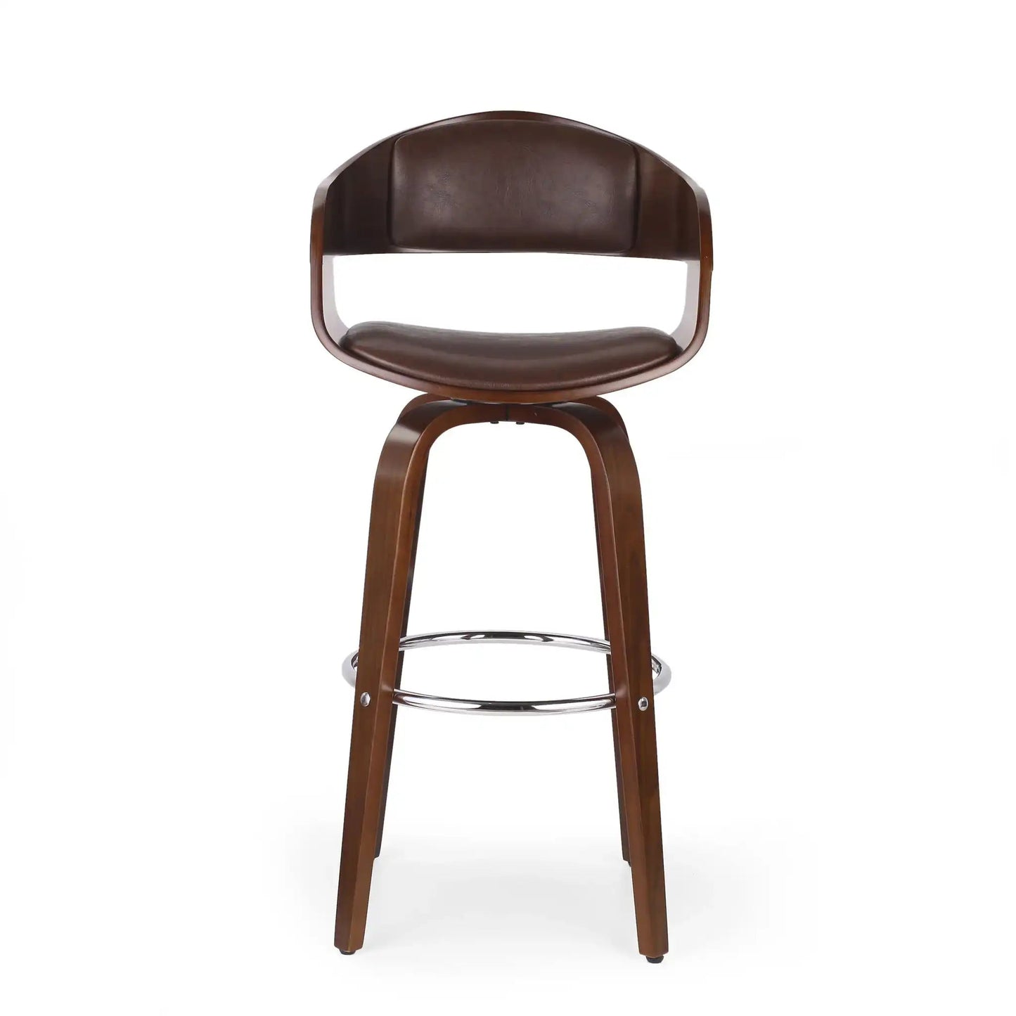 Modern Bar Stool with Swivel Function, brown leather seat and curved wood legs on Tampa Home & Garden Store