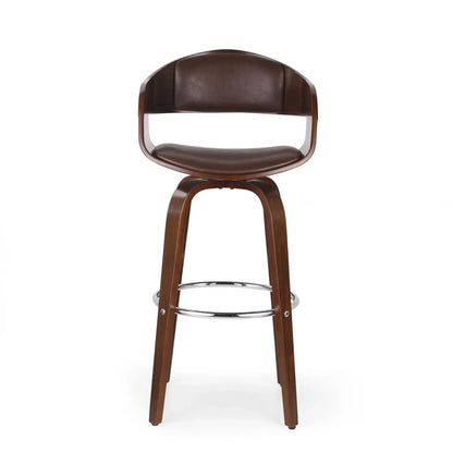Modern Bar Stool with Swivel Function, brown leather seat and curved wood legs on Tampa Home & Garden Store