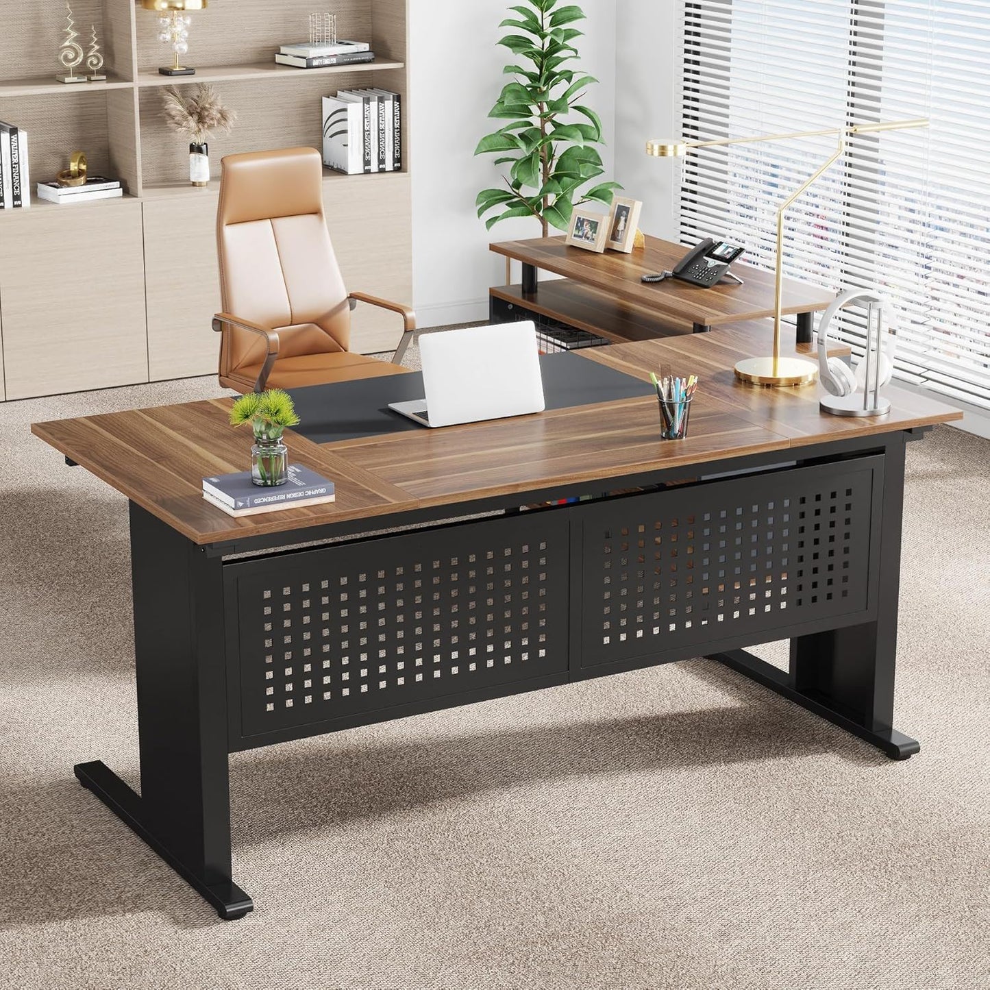 L-Shaped Executive Desk With File Cabinet wood top and black base HouseOfZazla corner desk on Tampa Home & Garden Store