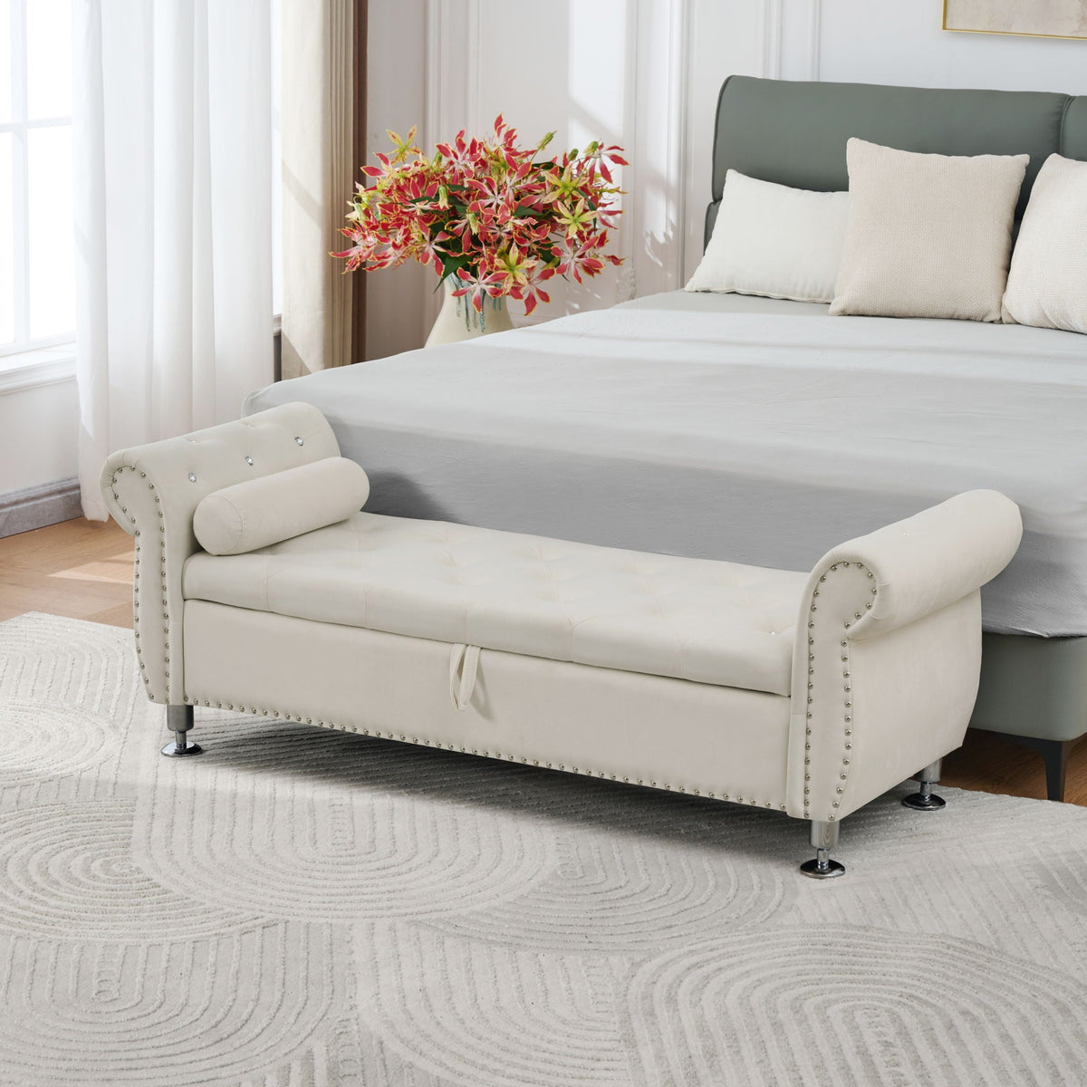 Storage bench in ivory leather with crystal buttons, 2 bolster pillows, chrome legs on Tampa Home & Garden Store